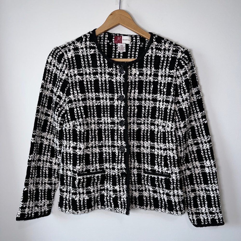 Vintage Black & White Plaid Print Tweed Blazer Jacket Size M